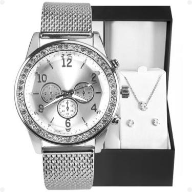 Imagem de relogio feminino strass aço prata + colar + brincos caixa delicado red