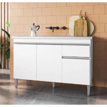 Imagem de Balcão De Cozinha 3 portas 1 Gaveta Tatiane 120mt Com Tampo MDP Branco