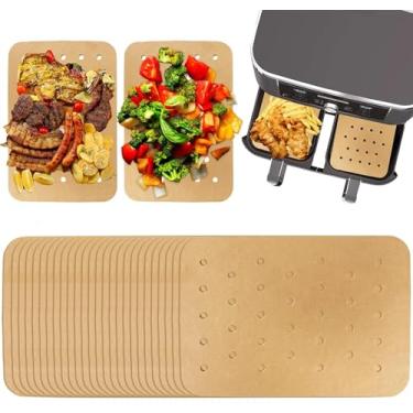 Imagem de Forro de papel descartável para fritadeira a ar com 100 folhas, compatível com cozimento de airfryer duplo, acessórios para fritadeiras de ar retangulares perfuradas