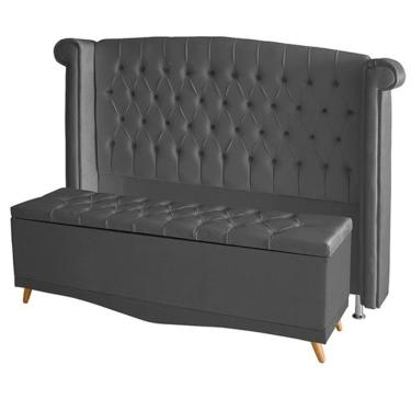 Imagem de Kit De Quarto Cabeceira De Cama Box E Calçadeira Baú Toquio Casal Queen 160 Cm Suede Grafite Do Lar Móveis E Decoração