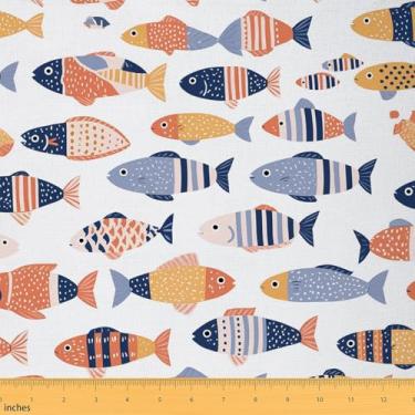 Imagem de jejeloiu Tecido de peixe por The Yard Tecido de estofamento de animais marinhos para cadeiras com tema marinho, impermeável, decoração interna e externa para projetos de artesanato de costura DIY
