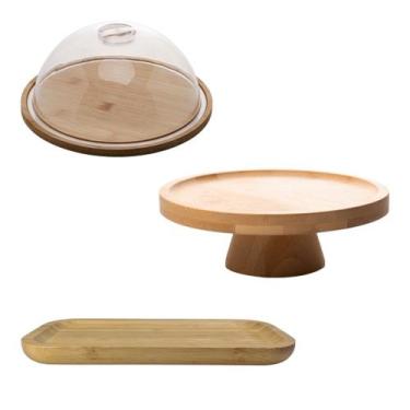 Imagem de Queijeira Bambu 23cm Prato Para Bolo 20cm Bandeja 34cm Bambu - Lyor
