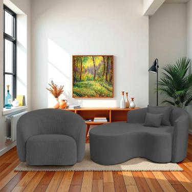 Imagem de Kit Recamier Curvo Sala De Estar Inglaterra 150cm Lado Esquerdo E Poltrona Orgânica Luxo Amore Linho Cinza Escuro