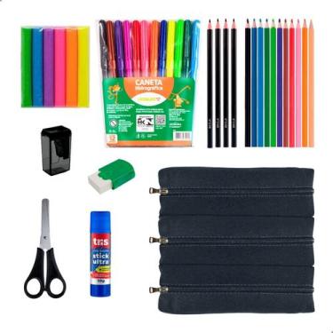 Imagem de Kit Material Escolar Infantil Estojo Triplo Mais Itens - Menino - Meni