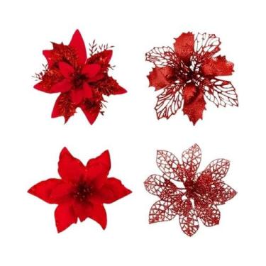 Imagem de Flores Artificiais Douradas Com Glitter Vermelho Para Decoração De Árv
