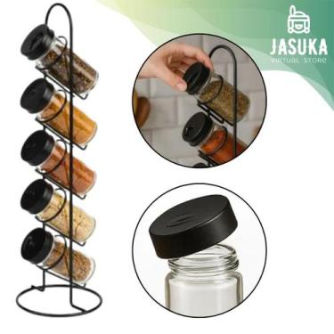 Imagem de Porta Temperos Condimentos 5 Potes De Vidro Suporte Vertical em Aço - 