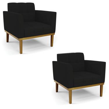 Imagem de Poltrona Base de Madeira Fixa Castanho Kit 2 Elisa Linho Preto A79 D03 - D'Rossi