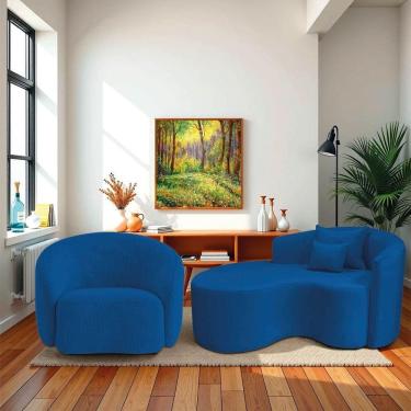 Imagem de Kit Recamier Curvo Sala De Estar 150cm Lado Esquerdo E Poltrona Orgânica Luxo Amore Linho Azul Royal