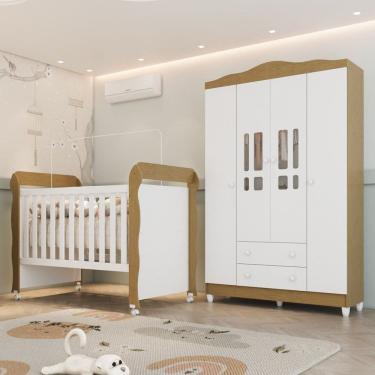 Imagem de Conjunto Quarto Bebê Berço Mini Cama Mirelle Guarda Roupa 4 Portas 100% Mdf Branco/ Bétula