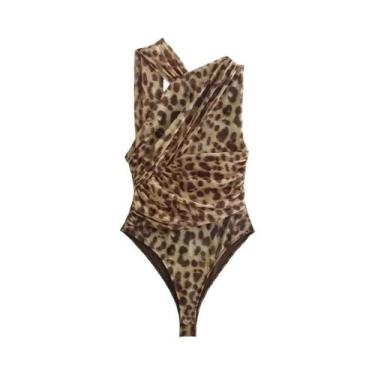 Imagem de Body De Renda Com Estampa De Leopardo Para Mulheres, Sem Mangas, Verão