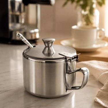 Imagem de Açucareiro Inox Com Colher Porta Açúcar 220ml Mesa Café - Top Rio