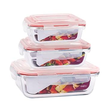 Imagem de Kit 3 Potes Vidro Hermético Marmita 370ml + 640ml + 1040ml (Vermelho)