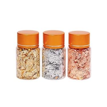 Imagem de Zwbfu 3 garrafas Flocos de folha dourada Flocos dourados feitos de folha de estanho para folha metálica Flocos de folha metálica para unhas Pintura DIY Artesanato Lodo e resina Fabricação de