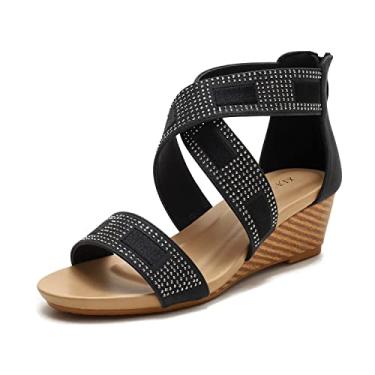 Imagem de Sandália feminina anabela minimalista cruzada tira no tornozelo sapatos romanos zíper nas costas casual verão, 2, preto, 39 BR
