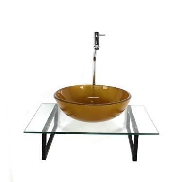 Imagem de KIT CUBA DE VIDRO REDONDA DOURADO REAL COM TAMPO 60CM INCOLOR E SUPORTE PRETO