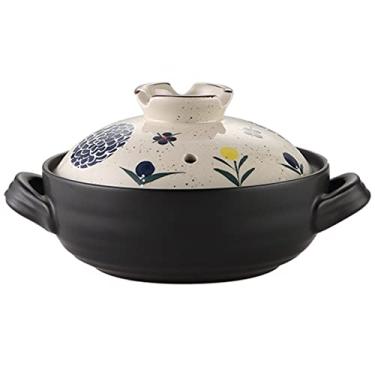 Imagem de Panela de argila para cozinhar, caçarola de cerâmica estilo japonês retrô pintado à mão panela de ensopado doméstico caçarola resistente ao calor com tampa panelas de cerâmica para bibimbap e sopa, A, 1,5L