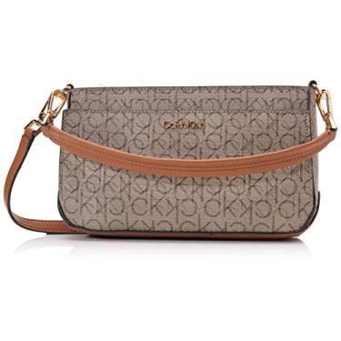 Imagem de Calvin Klein Bolsa de ombro feminina Lucy com compartimento triplo, Amêndoa/castanho-acinzentado/caramelo em relevo, One Size