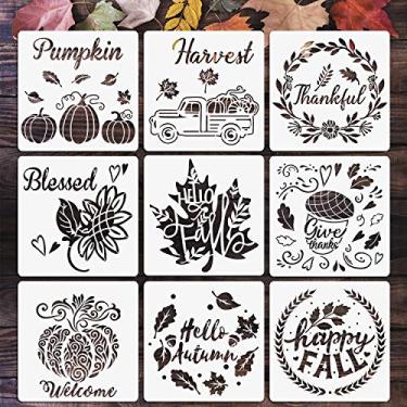Imagem de Whaline 9 peças de estêncis de pintura de outono 20 x 20 cm estêncil de outono reutilizável abóbora folha de bordo caminhão girassol estêncis de desenho de ação de graças modelos de desenho para pintura em madeira faça você mesmo arte decoração de artesanato