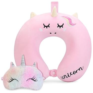 Imagem de Travesseiro de pescoço infantil, travesseiro de viagem infantil de unicórnio, travesseiro de pescoço infantil para viajar com máscara para os olhos, essenciais de viagem para assento de carro de avião e viagem, travesseiro de espuma viscoelástica fofo para presente (rosa)