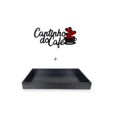 Imagem de Bandeja Para Café Decoração 50x30 Grande Preta Madeira MDF Lisa + Placa Decorativa Cantinho do Café em MDF