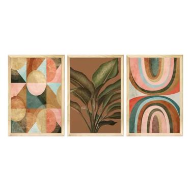 Imagem de Kit 3 Quadros Decorativos para Cozinha 40x60 Plantas Formas Coloridas Geométrico Tons Marrom - Hugart