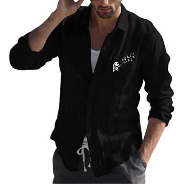 Imagem de Body de manga única moda masculina casual simples algodão e linho camiseta de lapela com estampa pequena tecnologia de manga longa, Preto, XXG