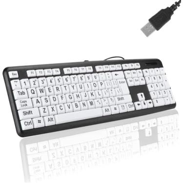 Imagem de Luqeeg Teclado de impressão grande, com fio USB, 104 teclas preto e branco alto contraste, baixa visão, teclado para idosos