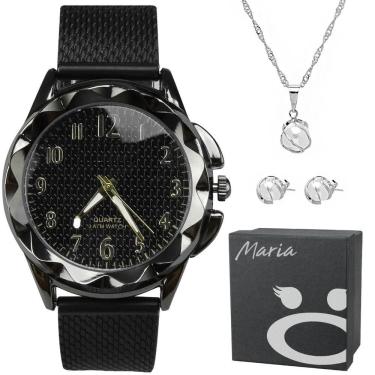 Imagem de Relógio Feminino Preto Luxo Pequeno Redondo Prova D`água + Colar + Pulseira Coração Gar...