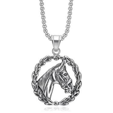 Imagem de NEGS Colar de aço inoxidável com pingente de cavalo da sorte punk rock, 2 peças de correntes em camadas de 51 cm, joias de ferradura hip hop, presente de animal para homens e mulheres, Aço inoxidável,