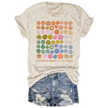 Imagem de Qbily Camisetas femininas Love Autism Awareness manga curta gola redonda suporte autista camisetas estampadas tops, 1221 - bege, M