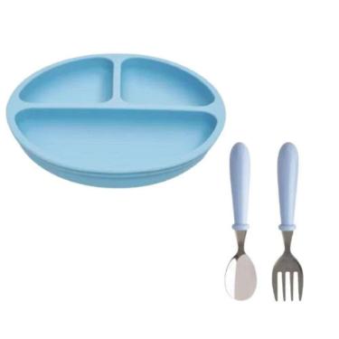 Imagem de Kit Prato Divisoria Silicone C/ Estojo Aço Inox Colher Garfo