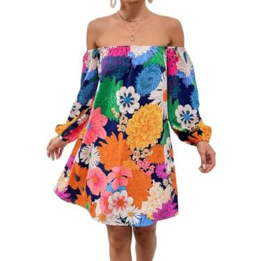Imagem de Camisa Feminina Floral Print Off Shoulder Lantern Sleeve Dress (Color : Multicolor, Size : L)