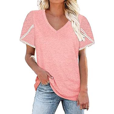 Imagem de Blusas femininas de malha de renda plus size manga curta Y2K blusas de algodão de verão camisas boho túnica de trabalho, rosa, M