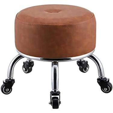 Imagem de Banco baixo rolante redondo de couro PU com 5 rodas, estofamento de assento grosso, banco baixo doméstico multifuncional para pedicure e esfregar o chão, marrom
