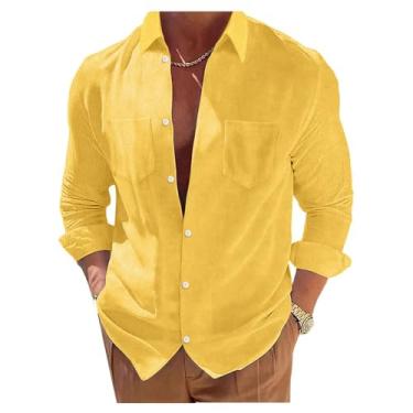 Imagem de Camisas casuais masculinas de veludo cotelê manga comprida com bolso abotoado lapela gola camisetas de negócios, Amarelo, M