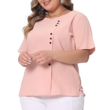 Imagem de Agnes Orinda Blusa feminina plus size, manga curta, gola redonda, algodão, linho, camiseta, rosa, 3X