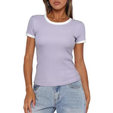 Imagem de Darong Camiseta feminina de verão, manga curta, gola redonda, listrada, caimento justo, malha canelada, Taro, roxo, P