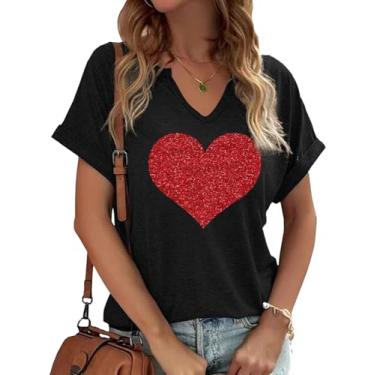 Imagem de Earlymemb Camiseta feminina com estampa de coração e decote em V para o dia dos namorados para casal, casual, de manga curta, para presente, B - preto - 3, M
