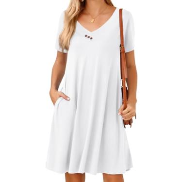 Imagem de JollieLovin Vestido feminino casual de verão 2024 com decote em V plus size camiseta de manga curta vestido de sol solto, Botão branco, 1X