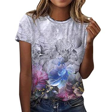 Imagem de Duobla Camisetas femininas de verão 2024 da moda, fofas, estampadas, divertidas, casuais, de manga curta, divertidas, blusas de férias, A-1-roxo, P