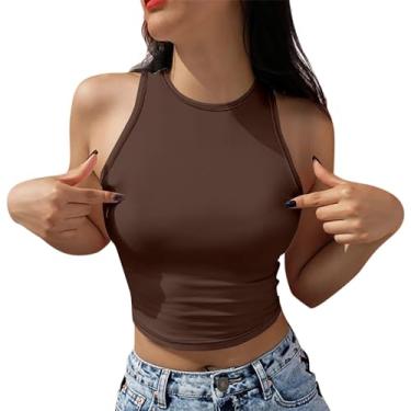 Imagem de PKDong Halter Tops para mulheres, sexy, sem mangas, gola única, colete de treino, camiseta de verão, regata cropped, Marrom, XXG