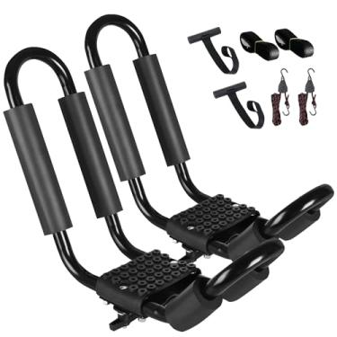 Imagem de FORWODE Suporte de teto resistente para caiaque, 1 par de suportes J-Bar com 2 laços de catraca, 2 tiras de catraca em S, 2 cintos de âncora para caiaque, canoa, barco, surf, esqui, SUV, carro,