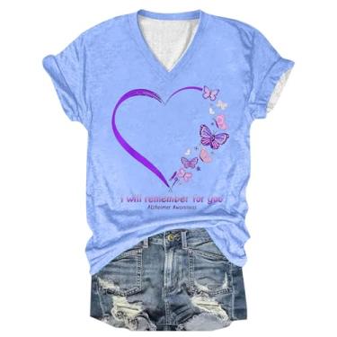 Imagem de PKDong Camiseta feminina de conscientização de Alzheimers, gola V, manga curta, roxa, estampa floral, camiseta feminina para o verão, Z08 Azul celeste, XXG