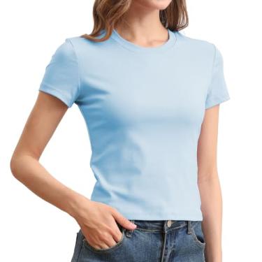 Imagem de Camisetas femininas justas básicas de algodão manga curta cropped casuais gola redonda simples justas na moda, Azul bebê, P