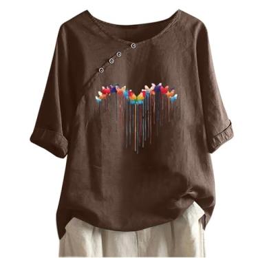 Imagem de Camisas femininas de linho de algodão 2024 com botões e gola redonda e manga curta, blusas elegantes e modernas, túnica casual solta, Marrom, P