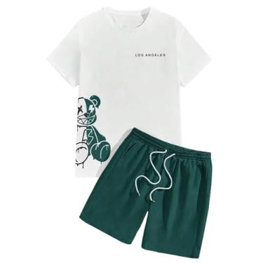 Imagem de GORGLITTER Camisetas masculinas com estampa gráfica de letras e shorts casuais de manga curta conjuntos de duas peças, Letra e urso branco e verde, M