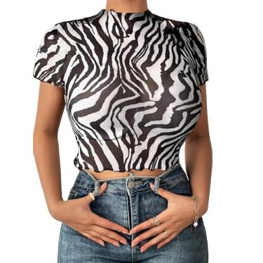 Imagem de Milumia Camisetas femininas de malha transparente com gola redonda listrada zebra, Preto e branco, M