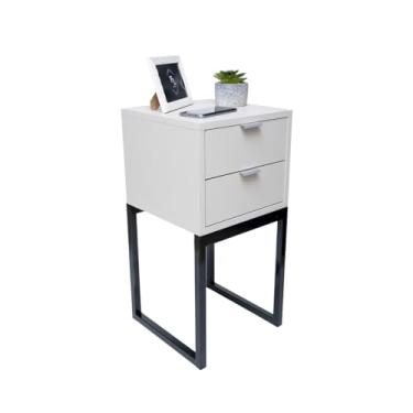 Imagem de Mesa De Cabeceira Industrial Eco 30cm com 2 Gavetas e Base De Ferro Para Quarto Lateral Da Cama Escritório (Base Preta / Prata, Branco)