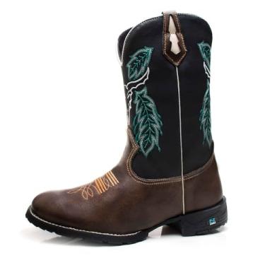 Imagem de Bota Texana Feminina Bico Redondo Em Couro Cano Alto Country Com Bordado De Boi RR Botas