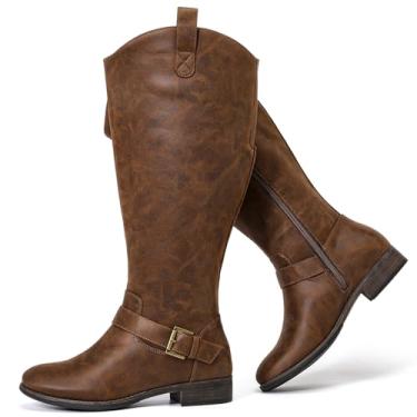 Imagem de Luoika Botas femininas extra largas na altura do joelho, botas de cano alto Western Cowyboy Cowgirl, plus size, larga, salto baixo, botas de inverno e outono., Brownpu107, 9.5 X-Wide